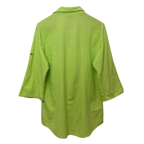 Vintage Dunes Lime Green Shell Buttons Long Shirt Textured Button Up Blouse Top - Picture 2 of 8